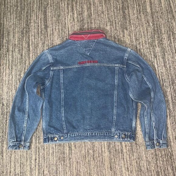 VTG Tommy Hilfiger Womens Size Large Button Front Denim Jacket Blue Hidden Hood - Picture 8 of 9